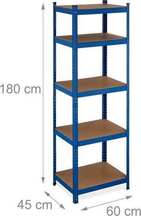 Міцний стелаж Relaxdays, ВШХ 180x60x45 см, до 500 кг, 5 полиць, для підвалу, гаража, вставний стелаж для зберігання, сталь, синій