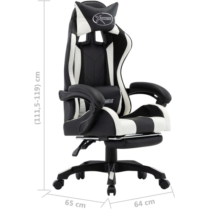 Геймерське крісло з підставкою для ніг, підголівником, поперековою опорою, офісне крісло, обертове крісло, крісло керівника, письмове крісло, спортивне сидіння, гоночний стиль, біла та чорна штучна шкіра