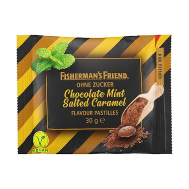 Шоколадна м'ятна солона карамель Fisherman's Friend, пастили з шоколадними цукерками, зі смаком м'яти та солі та карамелі, веганські солодощі без цукру, 20 x 30г