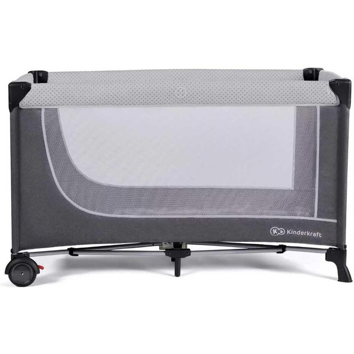 Дитяче ліжечко Kinderkraft LEODY зі спальним місцем 120 x 60 см, регульоване по висоті, з колесами, швидко та легко складається та розкладається, забезпечує циркуляцію повітря, легко транспортується з сумкою для перенесення, сірого кольору.