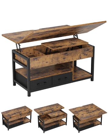 Журнальний столик з регульованою висотою, багатофункціональний стіл для вітальні 3-в-1, журнальний столик з 2 шухлядами, приховане місце для зберігання речей, відкрите відділення, можна використовувати як обідній стіл, для вітальні, офісу, коричневий