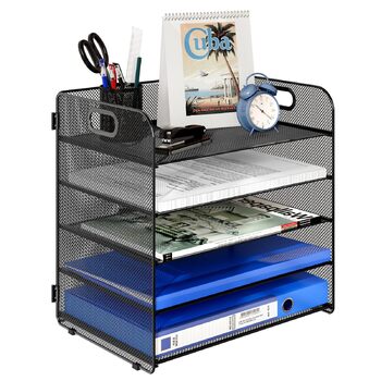 Настільний органайзер для листів 5 відділень Металевий лоток для документів A4 Лоток для паперу Тримач для журналів Аксесуар-органайзер для офісу, дому, школи, чорний