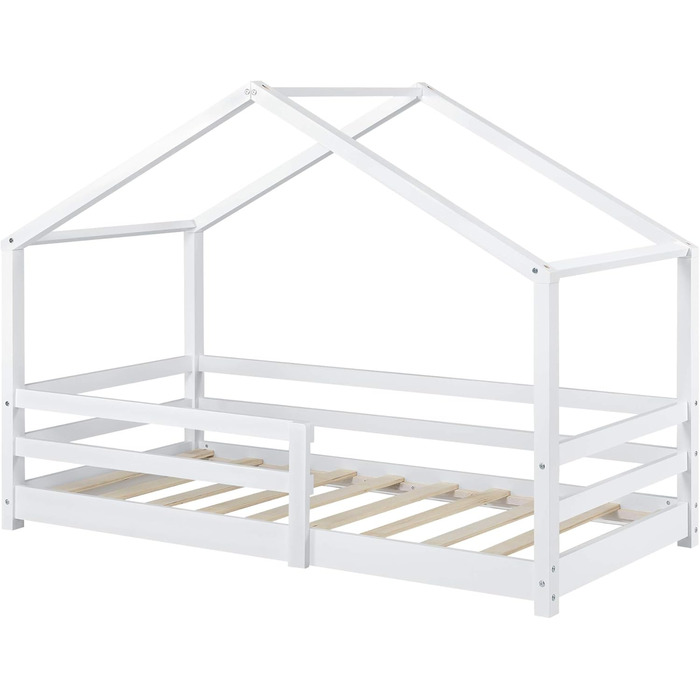 Дитяче ліжко Kntten, Ліжко-будиночок, Ліжко на підлозі, 80 x 160 см, Дерев&39яне ліжко для дітей із захистом від падіння, Каркас ліжка з рейковою основою, Сосна, Біле, 80x160 см