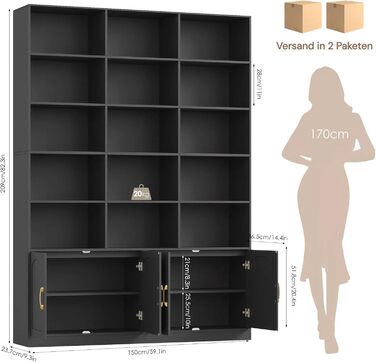 Книжкова шафа FirFurd 209 см з дверцятами, книжкова шафа з 15 відділеннями, вітрина, висока шафа, дерев&39яна багатофункціональна шафа, велика для вітальні, кабінету, кухні, 150 x 23,7 x 209 см, чорна