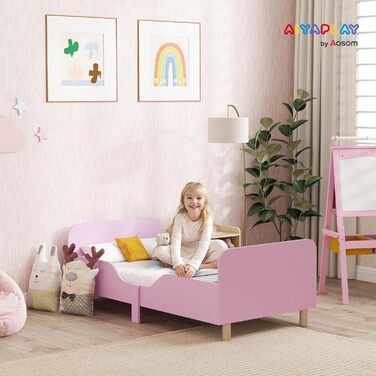 Дитяче ліжко AIYAPLAY із захистом від падіння, рейкова основа, 140 x 70 см, дитяче ліжко з узголів&39ям та ізніжжям, односпальне ліжко з дерева, дерев&39яне ліжко для дівчаток та хлопчиків, рожеве