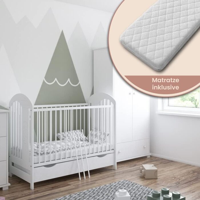 Дитяче ліжечко Kiki Design з шухлядою та матрацом, дитяче ліжечко з поролоновим матрацом 120x60 см, регульована висота, соснова деревина, з мотивом ведмедика - дитяче ліжко - дитяче ліжко - дитячі ліжка - ліжко дитяче колір білий