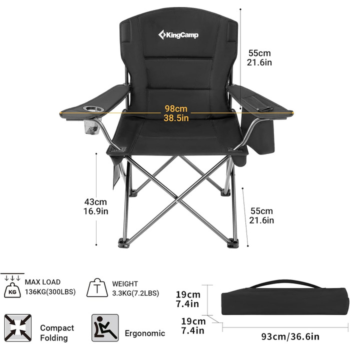 Крісло для кемпінгу KingCamp з сумкою-холодильником та тримачем для напоїв, кемпінгове крісло для дорослих, складні вуличні стільці для саду, пікніка, походів, використання в приміщенні, вантажопідйомність 136 кг, чорний