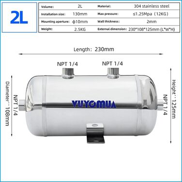 Міні-невеликий портативний повітряний бак високого тиску з нержавіючої сталі Резервуар для зберігання води з повітряним резервуаром (0.8L-SG) (2L-SG), 304