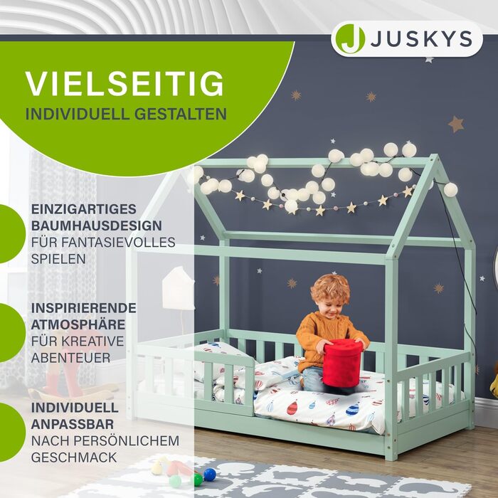 Дитяче ліжко Juskys Marli 80 x 160 см із захистом від випадіння, рейковим каркасом і дахом - дитяче ліжко для дому з масиву дерева