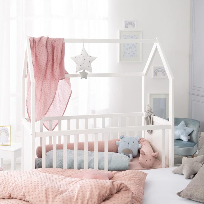 Дитяче ліжко, домашнє ліжко 60 x 120 см, сертифіковане FSC, біле, регульоване у 6 напрямках, як дитяче та приліжкове ліжко в комплекті з пеленальним столиком, біле