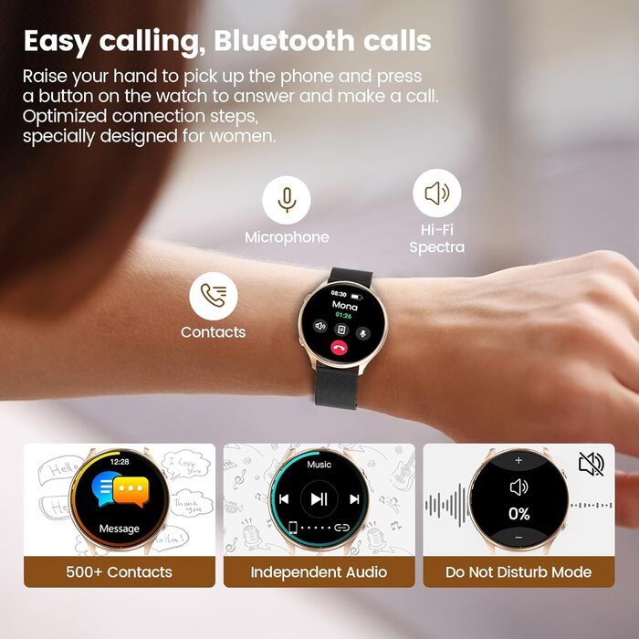 Жіночий круглий смарт-годинник із функцією телефону, фітнес-трекер із сенсорним екраном 1,39 дюйма, монітором серцевого ритму, монітором SpO2, монітором сну, монітором менструального циклу, понад 120 спортивних режимів, крокоміром для iOS та Android (чорн