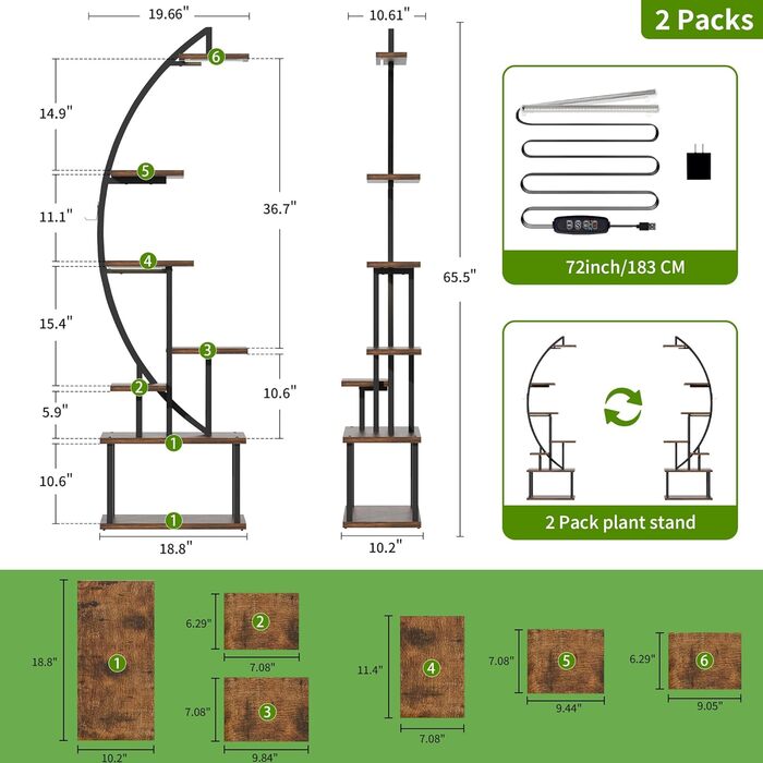 Підставка для рослин з лампою для вирощування - 7-ярусна підставка для квітів 165 см, металева дерев&39яна полиця для рослин - Квіткові драбини для приміщень та вулиці - Декоративна чорна квіткова полиця для внутрішнього саду, балкону, 2 шт.