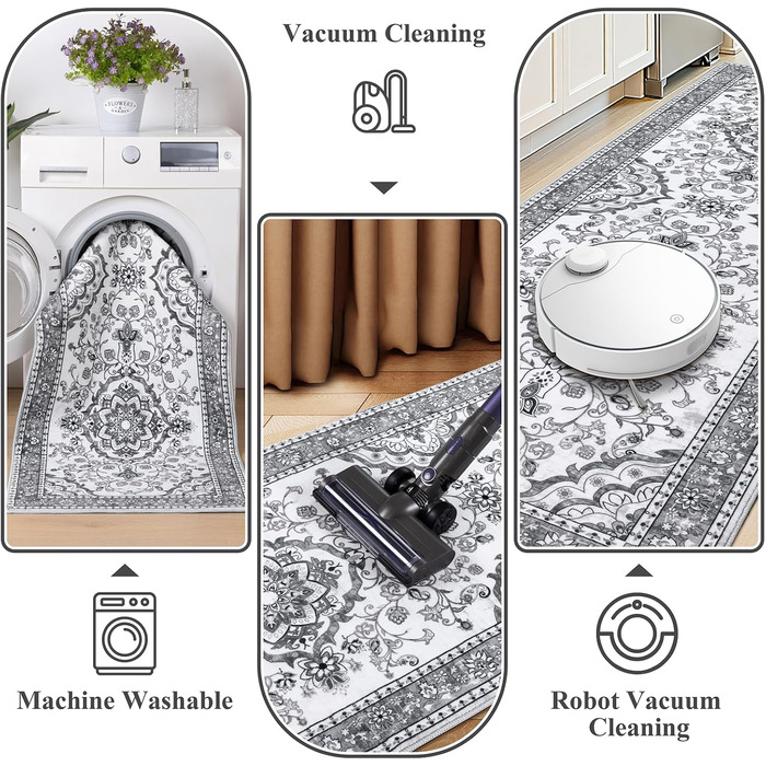 Кухонний килимок 60 x 180 см, високоякісний нековзний килимок для передпокою, традиційний довгий килимок, який можна прати, ретро, м&39який килимок для вітальні, офісу, коридору, сірий, 60 x 180 см