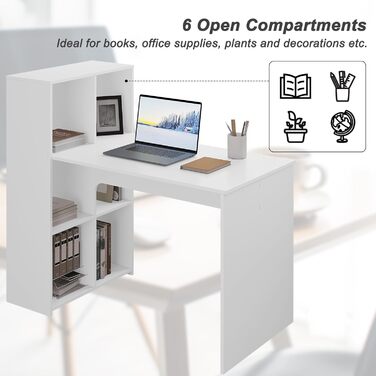 Письмовий стіл eSituro з 6 полицями, 120x63 см, білий комп&39ютерний стіл з місцем для зберігання, офісний стіл, ПК-стіл, кутовий стіл для навчання, вітальні, спальні, офісу, можна встановити ліворуч або праворуч