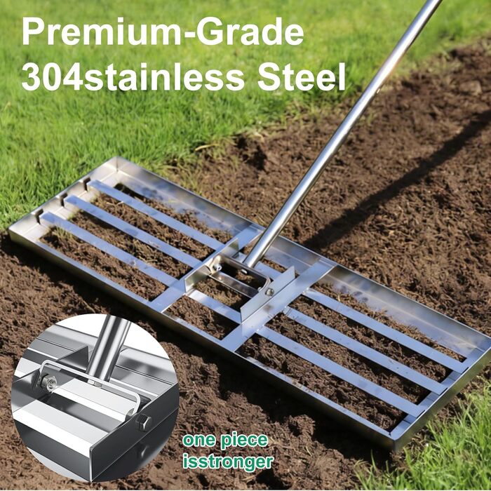 Професійний вирівнювач газону з нержавіючої сталі 76x25 см, з міцною металевою ручкою 201 см. Важкий рівневий грабель для піскування та вирівнювання трави для саду, подвір'я, гольф-поля та пасовища.
