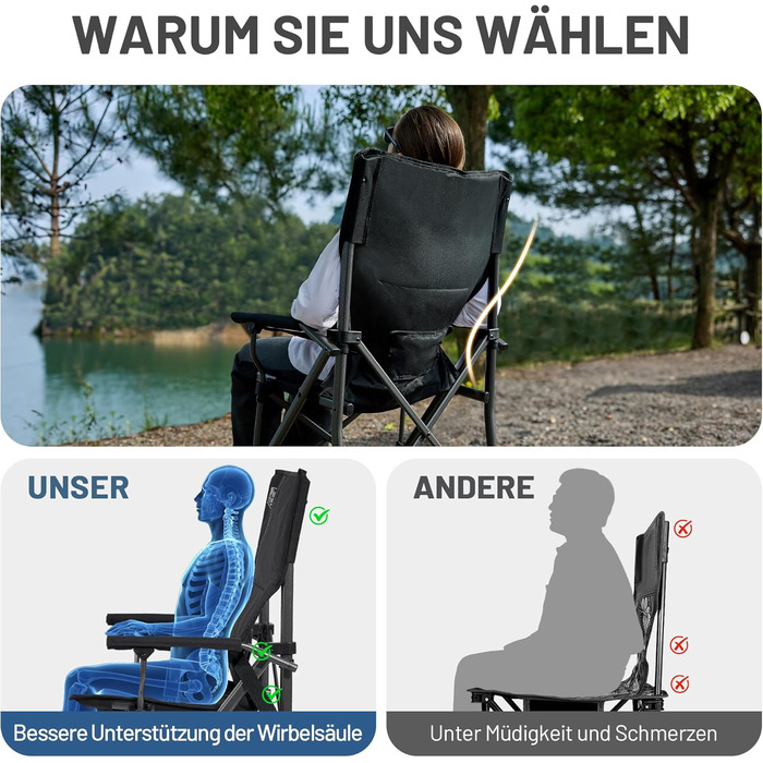 Складане кемпінгове крісло TIMBER RIDGE, вантажопідйомність 150 кг, регульована поперекова опора, складне крісло з підсклянником, сумка для перенесення, крісло для риболовлі, складне крісло, крісло з високою спинкою для кемпінгу, саду, балкону, пікніка, ч