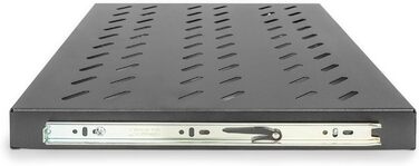 Розсувна полиця DIGITUS - 19 дюймів - 1U - Монтаж спереду та ззаду - Вантажопідйомність 25 кг - Для мережевих шаф та серверних стійок - Глибина шафи від 600 мм - Чорний, глибина 368 мм, чорний