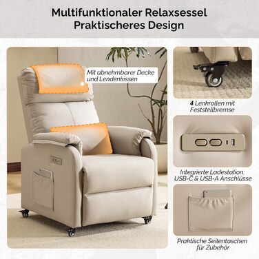 Крісло Bonnlo Recliner, крісло для телевізора, електричне масажне крісло з функцією відкидання, крісло для телевізора, 2-точковий масаж та функція підігріву, порти USB-C та USB-A, 1 бічна кишеня, шкіра, стійка до подряпин, бежевий колір
