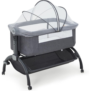 Дитяче ліжечко Garvee Baby Bed Crib, дитяче ліжечко 3-в-1, дорожнє ліжечко-колиска, регульована по висоті дитяче ліжко з матрацом, москітною сіткою та кошиком для зберігання, приліжкове ліжечко для новонароджених, темно-сіре