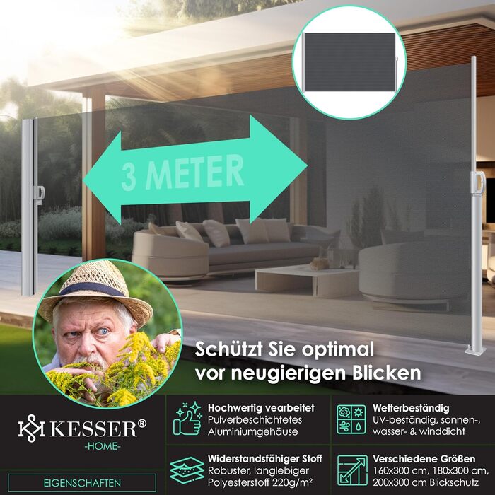 Алюмінієва бічна маркіза KESSER, розсувна та непрозора, 300 x 180 см Захист від вітру та приватності в саду з автоматичним механізмом згортання для балкона та патіо Бічна штора, включаючи дощовик з настінним кріпленням, темно-сіра, 300 x 180 см