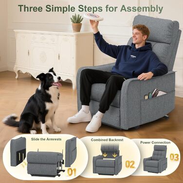 Крісло-реклайнер для телевізора з підйомником, електричне масажне крісло з функцією відкидання, масажем та підігрівом, крісло для телевізора, шезлонг, м&39яке крісло, крісло для вітальні з 2 пультами дистанційного керування, сірий