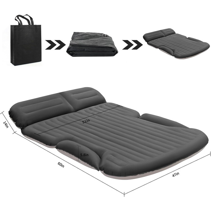 Автомобільний матрац KMZ, 2 подушки, надувний матрац для автомобіля, двосторонній потовщений флокований автомобільний матрац, надувне ліжко для багажника та заднього сидіння, темно-сірий