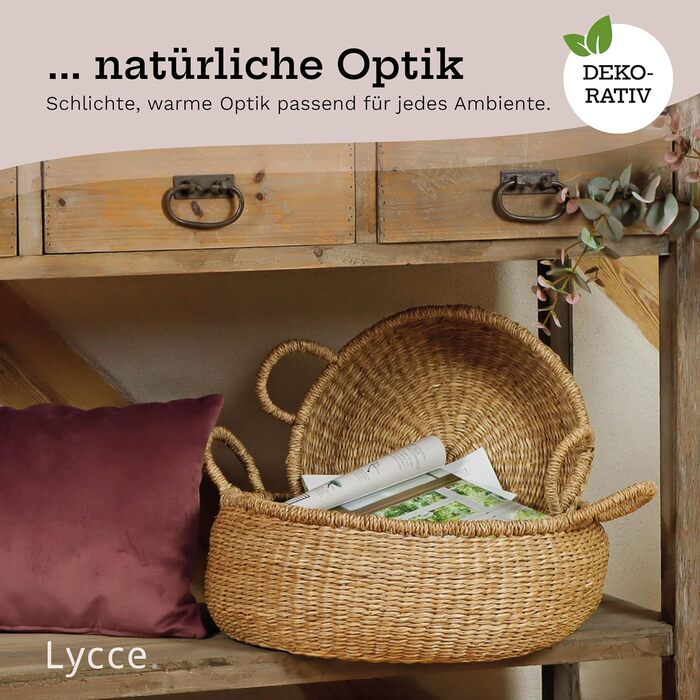Натуральний кошик для зберігання, сплетений з морської трави Декоративний плетений кошик з ручкою, універсальне використання у вашому домі як кошик для білизни, кошик для пікніка, подарунковий кошик (порожній) Розмір 2 (Ø 34 см)