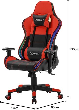 Ігрове крісло ML-Design із RGB-світлодіодним підсвічуванням та Bluetooth-динаміками, червоне, штучна шкіра, ергономічне офісне крісло, висока спинка, підголівник, поперекова підтримка, поворотне та регульоване, гоночне ігрове крісло