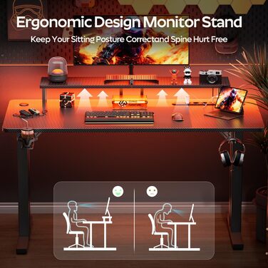 Ігровий стіл зі світлодіодним освітленням, комп&39ютерний стіл 120 x 60 см з розетками та USB-портом для зарядки, ігровий стіл з підставкою для монітора, карбоновим покриттям, підсклянником та гачком для навушників, чорний 120 x 60 см
