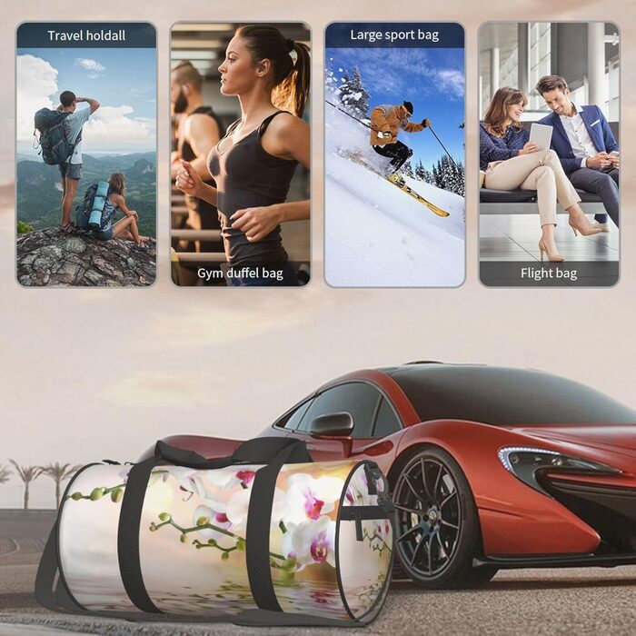 Спортивна сумка для подорожей, дизайн білі орхідеї у ставку, Чорний колір, Універсальний розмір, Дорожня сумка