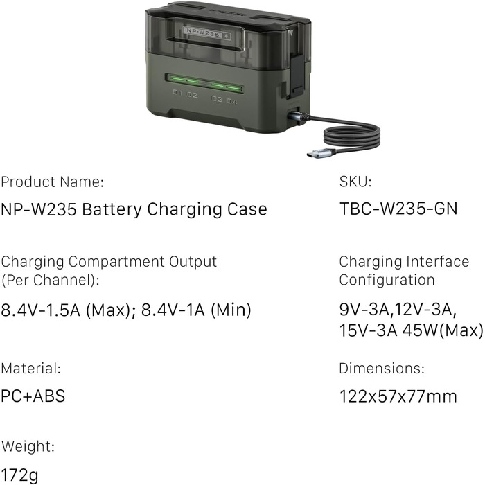 Зарядний пристрій Tilta NP-W235, 4-канальний зарядний пристрій, сумісний з акумуляторами NP-W235, портативна зарядна станція TBC-W235-GN