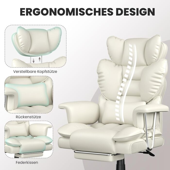 Офісне крісло naspaluro з підставкою для ніг, ергономічне робоче крісло з висувним підголівником, велике крісло керівника зі штучної шкіри з високою спинкою, комп&39ютерне крісло для домашнього офісу, біле 77 см * 66 см * 134 см