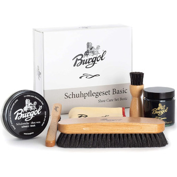 Набір для догляду за взуттям Burgol Shoe Care Set Basic з помади для взуття, взуттєвого воску, щіток з кінського волосу та полірувальної тканини Колір чорний