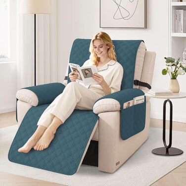 Водонепроникний чохол для крісла з 1-місним покриттям, чохол для крісла-реклайнера з кишенями, протиковзкий та стійкий до подряпин чохол для крісла, чохол для крісла з підлокітниками, підходить для дітей та домашніх тварин, темно-зелений, 1-місний (Д 59 с