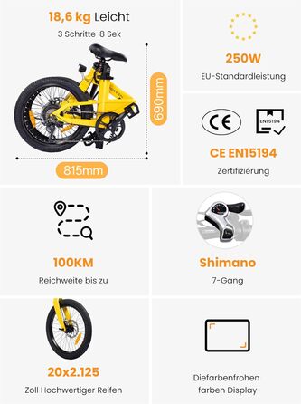 Складаний електровелосипед C10 20 дюймів, вага лише 18,6 кг, двигун 250 Вт, акумулятор 345,6 Втгод, електровелосипед із 7-швидкісною коробкою передач Shimano, запас ходу до 100 км, швидкість 25 км/год, РК-дисплей, ідеально підходить для поїздок на автофур
