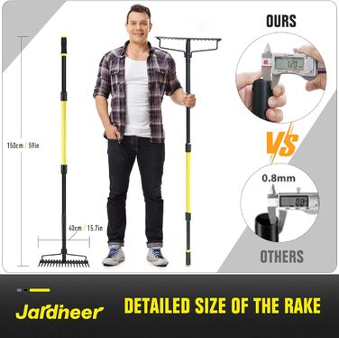 Гребінь садовий Jardineer, 150 см, металевий довгоручний граблі для щебеню, каменів, листя, вирівнювання ґрунту, ландшафтного дизайну, з 18 сталевими зубцями
