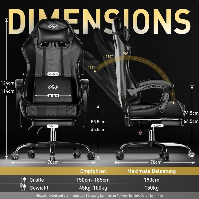 Ігрове крісло, Ергономічне ігрове крісло з пружинними подушками Pocket Spring, Гоночне ігрове крісло з підставкою для ніг, Поперекова підтримка, Регульоване офісне крісло, вантажопідйомність 150 кг, Комп&39ютерне крісло чорного кольору