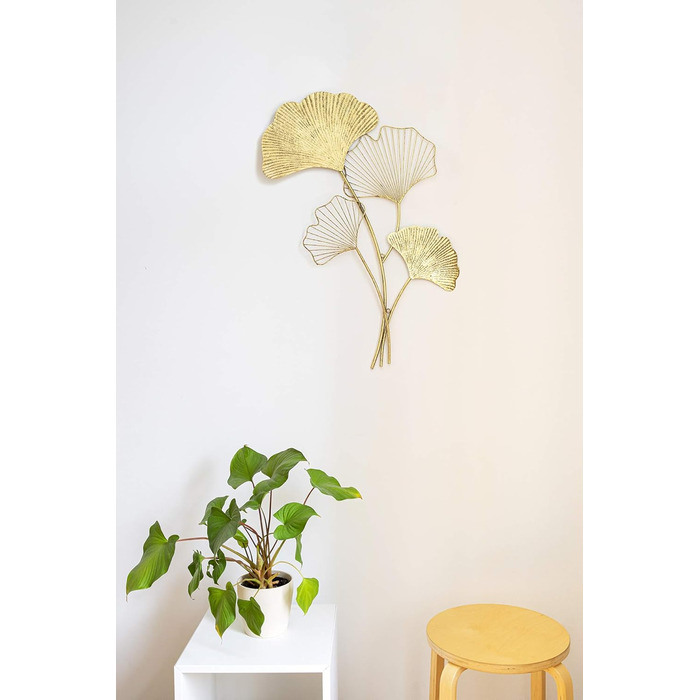 Настінне оздоблення ZEYA металеве гінгко, 46 х 75 см, 3D-декор золото, настінне оздоблення листя гінгко, прикраса вітальні, приваб