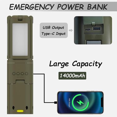 Телескопічний тримач для ліхтаря для кемпінгу з акумулятором, портативний магнітний ліхтар із зовнішнім акумулятором, водонепроникний, 3 режими аварійного освітлення для кемпінгу, надзвичайних ситуацій, риболовлі, походів тощо (військово-зелений)