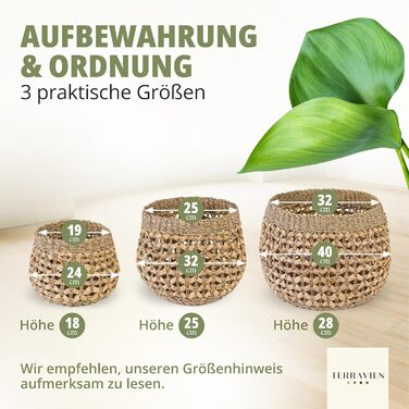Набір кошиків для зберігання з 3 шт. , ручної роботи з натуральних матеріалів морської трави та водяного гіацинта Плетений кошик Кошик для зберігання для кухні, ванної кімнати, вітальні Штабелювані кошики