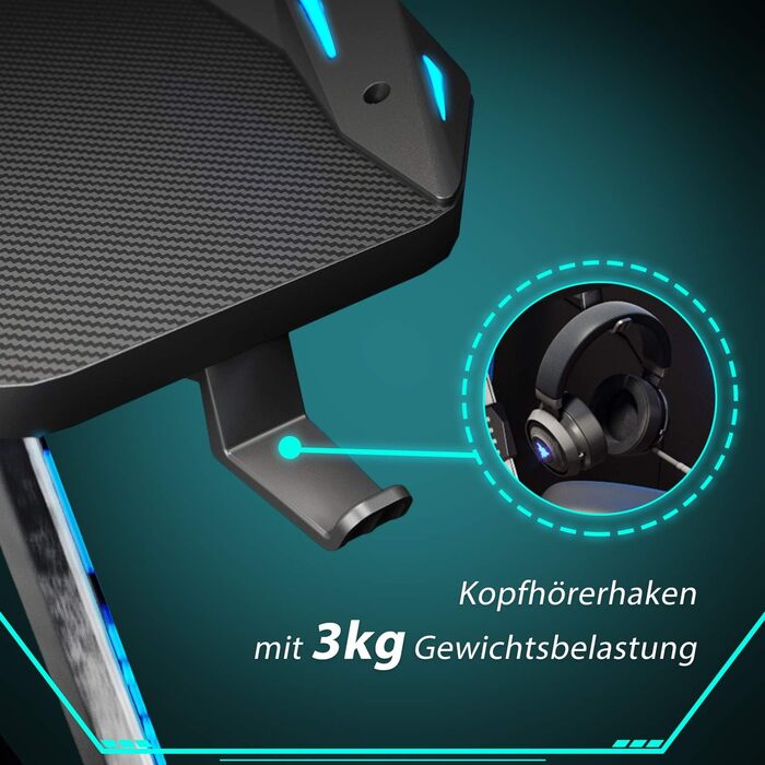 Ігровий стіл SONNI 140 см, ігровий стіл зі світлодіодним підсвічуванням, Z-подібна міцна ніжка, з підставкою для чашки та підставкою для навушників, 140x60x75 см, чорний (килимок для миші не входить до комплекту)