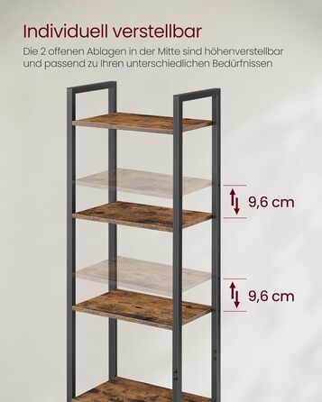 Книжкова полиця VASAGLE, 6 ярусів, полиця, окремостояча полиця з дверцятами, металевий каркас, регульовані полиці, 24 x 40 x 159,5 см, для вітальні, спальні, вінтажний коричневий-чорний LLS132K01 40B см Вінтажний коричневий чорнильний