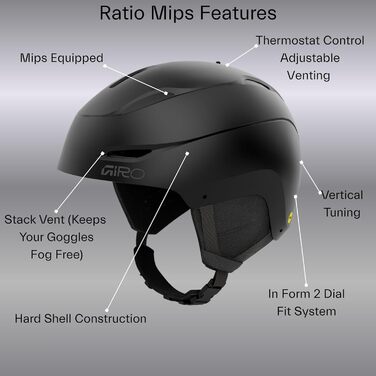 Шолом Giro Ratio MIPS з термостатом та вентиляцією, технологія MIPS, регульована посадка, сумісний з Outdoor Tech Audio, захист від ударів, матово-чорний, розмір M