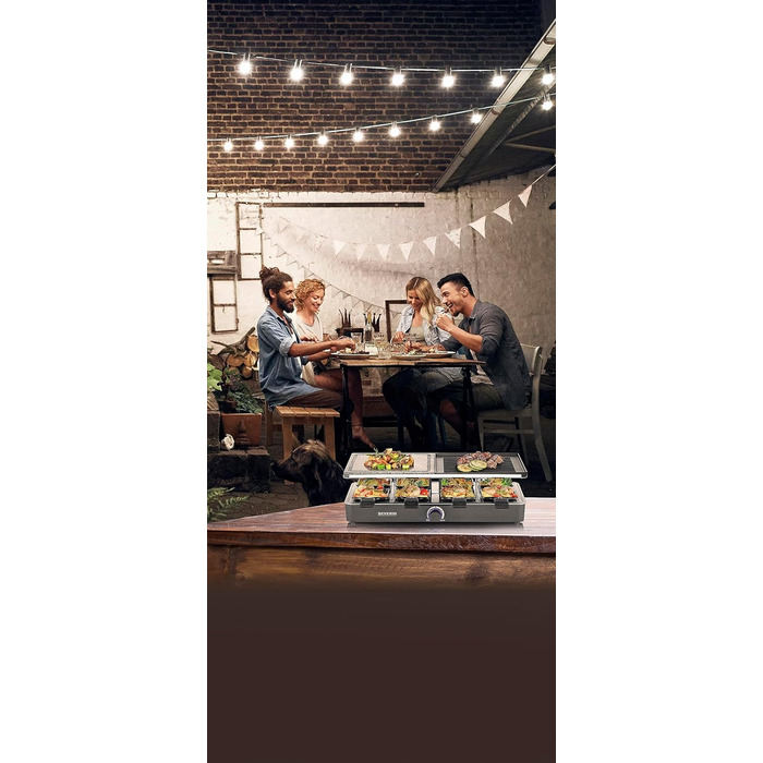 Гриль SEVERIN Raclette з натуральним каменем гриля та пластиною для гриля, раклет з антипригарною пластиною для гриля та 8 сковородами, настільний гриль на 8 осіб, макс. 1300 Вт, чорний, поворотний регулятор RG 2371 з індикатором