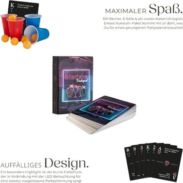 Стіл для пивного понгу tectake з декорацією для вечірки, світлодіодним освітленням, стіл з регульованою висотою, розкладний стіл, комплект з аксесуарами, стіл для пивного понгу, 100 пластикових стаканчиків, 6 м&39ячів та карткова гра з напоями BeerWars I