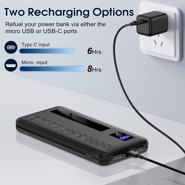 Маленький, але міцний, зовнішні батареї мобільного телефону USB-порт C, зовнішній акумулятор, світлодіодний дисплей, 2 USB-виходи та мікро-USB-входи, портативний зарядний пристрій для смартфонів, планшетів тощо, 10000mAh Powerbank