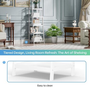 Бамбукова книжкова полиця SMIBUY з драбиною, органайзер для полиць у ванній кімнаті, окремостояча підставка для рослин, компактні полиці для спальні, кухні, балкону (біла, 5 полиць (127 см заввишки)) Біла 5 полиць (127 см заввишки)