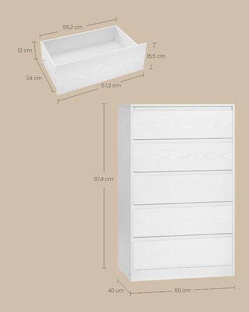 Комод VASAGLE з 5 шухлядами, комод, шафа з шухлядами, комод для білизни, для спальні, 40 x 60 x 97,4 см, колекція Modern Kailyn, білий LTS605WE01, 5 шухляд (60Ш см)