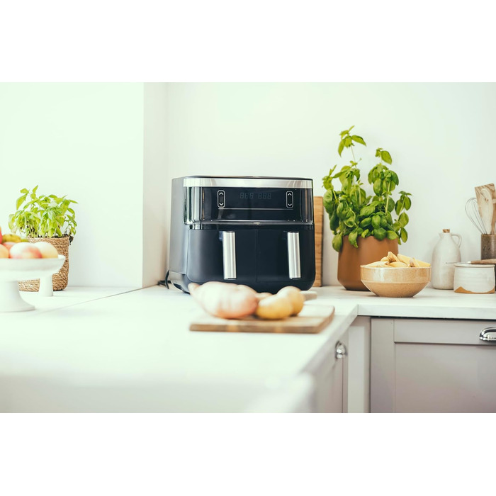 Подвійна фритюрниця SEVERIN з робочим простором 2 x 3.8 л, фритюрниця XXL для здорового приготування, 8 автоматичних програм, фритюрниця без жиру з функцією зневоднення, 2850 Вт, чорний/сріблястий, FR 2453 2 x 3.8 літровий кошик для приготування (паралель