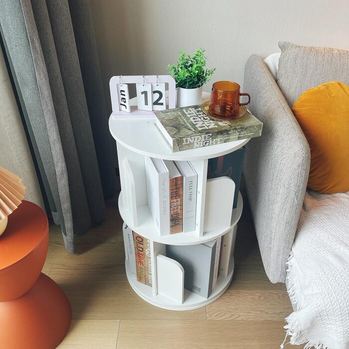 Обертова книжкова полиця Heehee з масиву дерева, підлогова полиця для зберігання на 360 градусів для дітей та дорослих, багатофункціональний органайзер для книжкової полиці (2-рівневий білий)